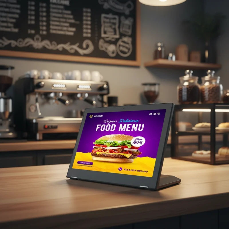 8Inch L Shaped Digital Signage for Restaurant Counters – Desktop Tablet with Tilt Stand for Menu Display, Quick Ordering & Lobby Ads | Indoor Use