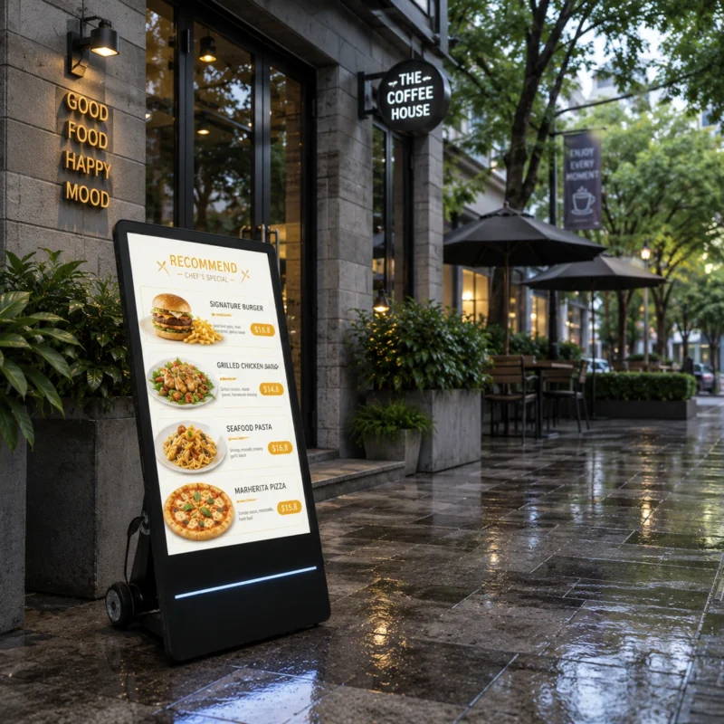 55Inch Portable Outdoor Display – High Brightness Digital Menu Board for Cafe Patio, Drive Thru, Pop Up Events & Storefront Window Advertising