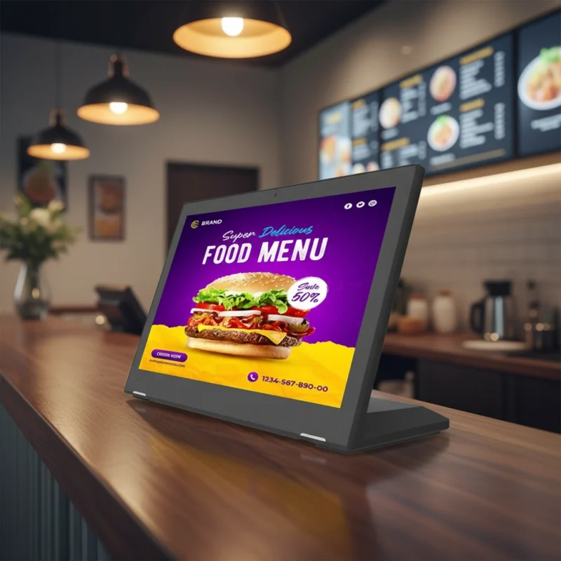 15.6 Inch L Shaped Digital Menu Board – Desktop Tablet Display for Counter Upselling, Lobby Advertising & Self Service Ordering | Indoor Portable Design