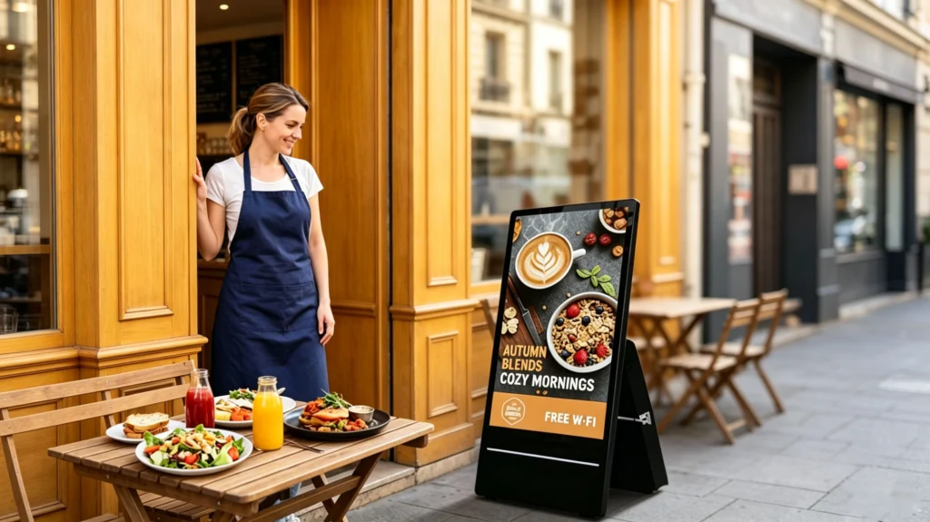 Portable outdoor digital signage for restaurant